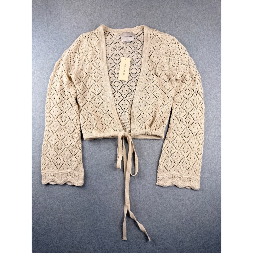 Pink Rose Magic Stone Crochet Knit Tie Front Cropped Cardigan PS4S43790 Small
